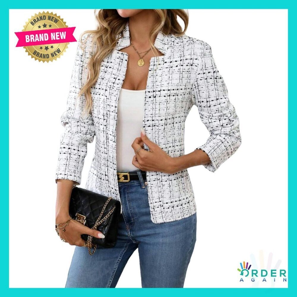 Tweed Blazer Long Sleeve Notch Collar Elegant Slim Fit Business Casual
